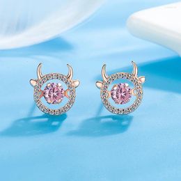 Stud Earrings Cute Rose Gold Color Small Ox Horn Round Zircon Twelve Zodiac Signs Year Of The Jewelry Girls Gifts