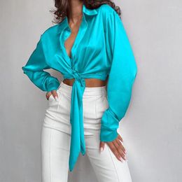 Women's Blouses Ladies Crop Top 2024 Autumn Fashion Turn Down Collar Long Sleeve Leaky Umbilical Short Knotted Blouse Tops Femme