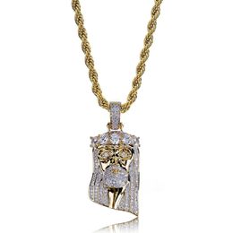 Fashion Copper Gold Colour Plated Iced Out Jesus Face Pendant Necklace Micro Pave Big CZ Stone Hip Hop Bling Jewelry2484