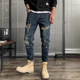 Men's Jeans Trousers Cropped Skinny Broken Tight Pipe Man Cowboy Pants Ripped Torn With Holes Slim Fit Elastic Stretch Summer Xs