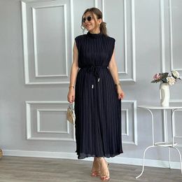 Casual Dresses CINESSD 2024 Fashion Sleeveless Simple Half Turtleneck Cinched Slimming Long Dress Tied High Waist Mid-Length