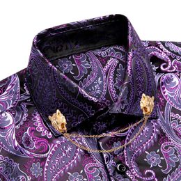 Dark Purple Men Shirt Fashion Silk Long Sleeve Lapel Slim Fit Paisley Jacquard Male With Brooch Business Party Gift HiTie 240223