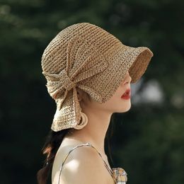 100 Raffia Bow Sun Hat Wide Brim Floppy Summer Hats for Women Beach Panama Straw Dome Bucket Shade Ladies Caps 240219