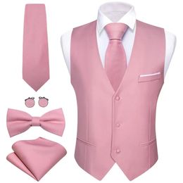 Elegant Vest for Men Pink Solid Satin Waistcoat Tie Bowtie Hanky Set Sleeveless Jacket Wedding Formal Male Gilet Suit Barry Wang 240219