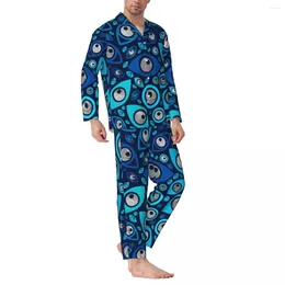 Men's Sleepwear Greek Evil Eye Print Pajama Sets Autumn Blues And Silver Fashion Bedroom Male 2 Piece Casual Oversize Custom Nightwear