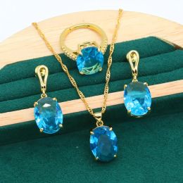 Necklaces Geometric Gold Colour Jewellery Set for Women Wedding Blue Topaz Open Ring Earrings Necklace Pendant Gift Box