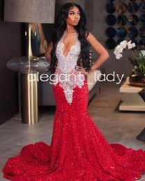 Red Sparkly Afrian Mermaid Prom Gala Dresses for Women Luxury Diamond Crystal Velvet Birthday Evening Pageant Gown Robes
