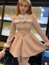 Casual Dresses Autumn And Winter Elegant Girl Plush Round Neck Fur Ball Pendant Dress Sweet Kawaii Mini Pink Slim-Fit Cute