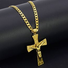 Solid 18k Yellow Fine Gold GF Jesus wide Cross Charm Big Pendant 55 35mm with 24inch Miami Cuban Chain 600 5mm241g