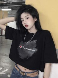 Champion Rainbow Spicy Girl Style Printed Pure Cotton Top Summer New Short Style Open Navel Short Sleeve Black Bottom T-shirt for Women