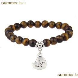 Beaded 8Mm Opal Tiger Eye Agate Beads Natural Stone Beaded Bracelet For Women Heart Alloy Mom Charm Elastic Fashion Jewelry Dhgarden Dhfrg