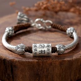 Bangles New Sixcharacter mantra transfer bead heart sutra bracelet silver men and women handwoven retro wind hand rope gift