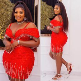 Aso Ebi Plus Size Cocktail Dresses Graducation Dress Red Spaghetti Straps Mini Short Formal Dress Beading Tassel Lace Prom Dresses for Black Girls Birthday Gown C043