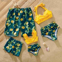 Family Matching Outfits Pa Family Matching Allover Lemon Print and Solid Halter Neck Two-piece Swimsuit or Swim Trunks Shorts