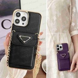 Cell Phone Cases Top Fashion Tiangle Mobile Case Fo Iphone 15 14 13 12 Po Max Leathe Cad Pocket Back Shell Electoplated TPU Cove Shoulde Chain Stap Sting 240219