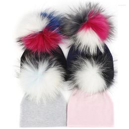 Berets 0-3Month Baby Cotton Beanies Skull Hats Infant Cute Solid Colour Beanie Hat With 15cm Tri-color Real Fur Pompom Cap