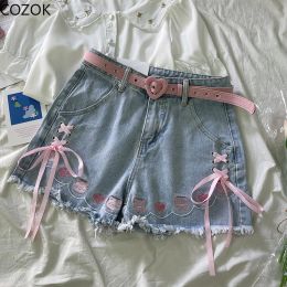 Японские шикарные бандажные джинсовые шорты в стиле Лолиты, женские милые милые мультяшные поросенки с вышивкой и бантом, джинсы для девочек Kawaii Y2k, короткие штаны, летние
