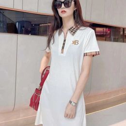 Designer Polo collar plus-size dress women's summer short sleeve mid-length plaid color block T-shirt polo collar skirt S-2XL designer57KO