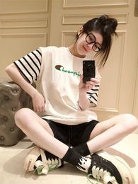 Champion Captain Apricot T-shirt Womens Summer Thin Student Stripe Short Sleeve Large Loose Pure Cotton Slimming Top Trendy