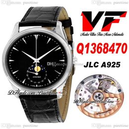 VF V3 Master Ultra Thin Moon Q1368470 JLC A925 Automatic Mens Watch Steel Case Black Dial Silver Stick Markers Leather Strap Corre247W