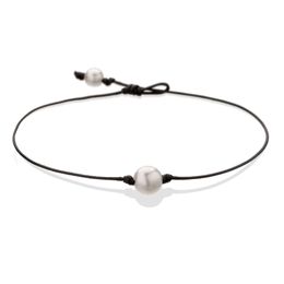 Pearl Single Cultured Freshwater Pearls Necklace Choker for Women Genuine Leather Jewellery Handmade Black 14 inches298e