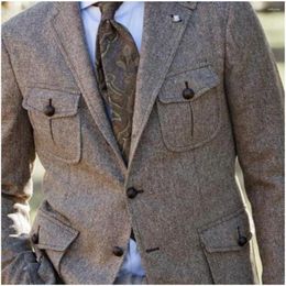 Men's Suits Costume Homme 4 Pockets Herringbone Tweed Custom Retro Gentleman Muit 2 Pieces Wedding Groom Terno Masculino Jacket Pant