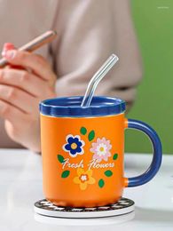 Mugs Instagram Flower Mug With Lid Spoon Cup Female Tea Water Office And Home Small Fresh Ceramic