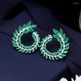 Stud Earrings ThreeGraces Fashion Green Cubic Zirconia White Gold Color Big Olive Leaf For Women Chic Trendy Party Jewelry ER172