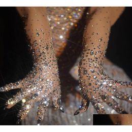 Five Fingers Gloves Luxurious Stretch Rhinestones Women Sparkly Crystal Mesh Long Dancer Singer Nightclub Dance Stage Show Drop Deli Dhxn3