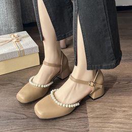 Dress Shoes Buckle Strap Solid Casual Sandals Mid Heel Sweet 2024 Ladies String Bead Square Women's