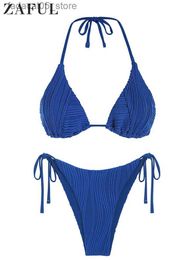 Women's Swimwear ZAFUL Womens Backless Triangle Swimsuit Halter Top High Cut Thong Bikini Set Textured Tie Side Bathing Suit Solid Swimwear 2023 Q240226