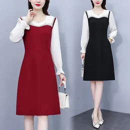 Casual Dresses Women Patchwork Oversize Dress For Spring Autumn 2024 Clothes Fashion Elegant Office Lady O-Neck Slim Knee-Length