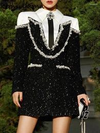 Casual Dresses Sequined Beads Patchwork Vestidos Mujer Contrast Lapel Long Sleeve Vestido Spring Dress High Waist Bodycon Ropa Women
