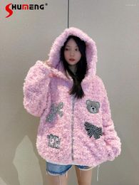 Women's Fur Affordable Luxury Fashion High-End Furry Fall Winter Hooded Pink Rhinestone Bear Sweet Cute Long Sleeve Loose Comfort Coat