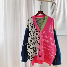 Han Guodong Door Collections Couture Fashion Leopard Splicing Flower Color V-neck Knitted Cardigan 211103