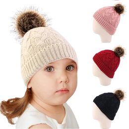 Berets Boys Girls Winter Warm Hat Big Fur Pom Knitted Beanie Caps For Kids Crochet Bonnet Toddler Accessories Children