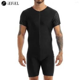 Men's Swimwear Mens Short Sleeve Zipper Front Leotard Bodysuit One-Piece Dance Gym Workout Jumpsuit Biketard Unitard Wrestling Singlet