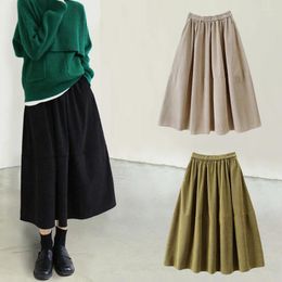 Skirts Women Vintage Corduroy Midi Long Skirt With Pockets Korean Fashion High Waist Yellow Black 2024 Autumn Winter VD4358