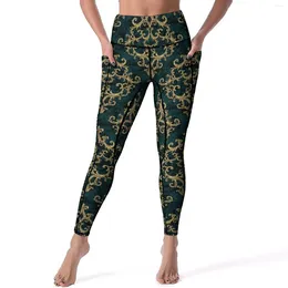 Active Pants Velvet Baroque Print Leggings Gold And Green Workout Yoga High Waist Funny Sport With Pockets Stretch Legging