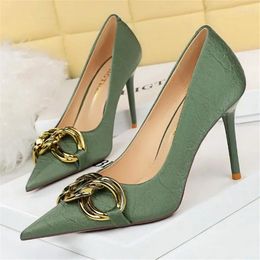Dress Shoes Women 7.5cm 9.5cm High Heels Pumps Lady Metal Chain Low Nightclub Slim Fit Party Green Office Prom