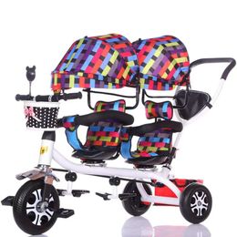 Wholesale- Double Stroller Child Bike Stroller Double Seats Baby Tricycle for Twins Bike Folding Three Wheels Twins Tricycle Pushchairs