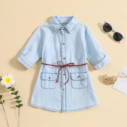 Girl Dresses CitgeeKids Jeans Denim Pocket Sleeve T-shirt Loose Shirt Fashion Cute Belt Dress