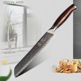 Kitchen Knives Yarenh 8 Inch Serrated Bread Knife - 73 Layers Japanese Damascus Stainless Steel Chef Knives - Ideal for Slicing Bagels Cake Q240226