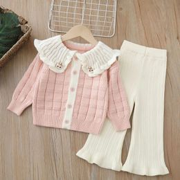 Girls knitted clothing set spring/summer 2024 childrens wool jersey sweater jacket pants 2-piece set baby clothing 6-year-old 240225