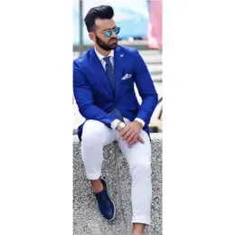 Suits New Causal Royal Blue Men Suits With White Pants Wedding Groom Prom Dress Man Blazer Sets Costume Homme 2 Pieces Jacket+Pants