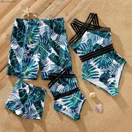 Family Matching Outfits Pa Family Matching Swimwear Allover Palm Leaf Print Crisscross One-piece Swimsuit and Swim Trunks Swimsuit