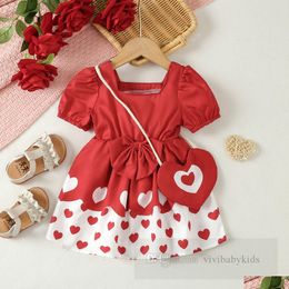 Girl'S Dresses 2024 Summer Baby Love Heart Printed Toddler Kids Square Collar Puff Sleeve Bows Princess Dress Valentines Day Infant Dhcqv