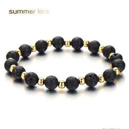 Beaded Fashion 8Mm Handmade Beaded Bracelet Men Jewellery Natural Stone Volcanic Rock Agate Gold Bead Vintage Gifts New Drop Dhgarden Dhfmu