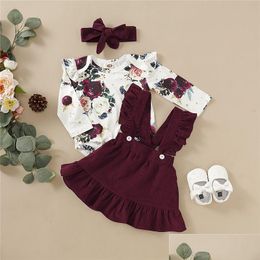 Clothing Sets Cute Kids Clothes Spring Autumn Infant Baby Girl Floral Romper Strap Skirt Dress Headband 3Pcs Outfits Toddler Drop De Dhthk