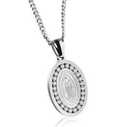 22x33mm Our Lady of Guadalupe Necklace in Stainless Steel Crystal Oval Medallion Charm Pendant274Q